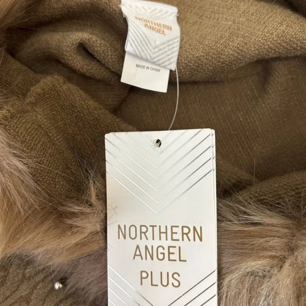 *NWT* Northern Angel Plus Poncho‎ Womens 0X/1X Brown Faux Fur Pearl Fringe Cape